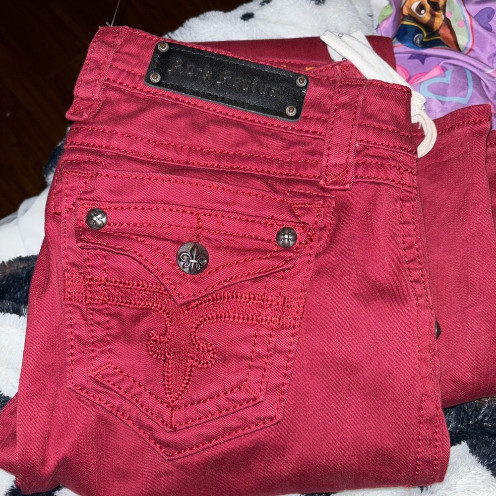 Rock Revival Red Straight Leg Jeans with Decorative Stitching